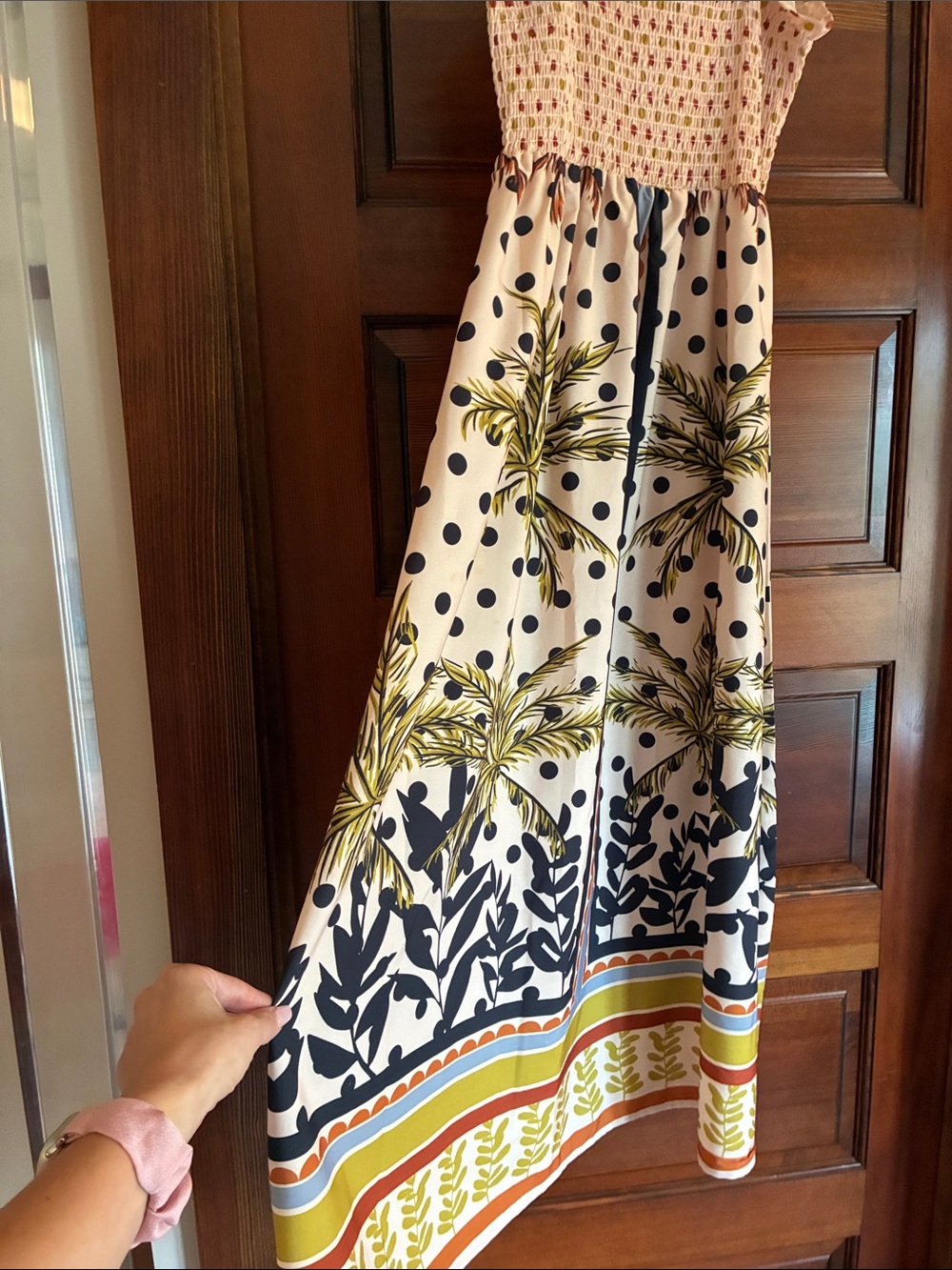 Smocked Maxi Dress with Polka Dot & Botanical Print - Cream, Navy, Olive - Picture 2 of 4